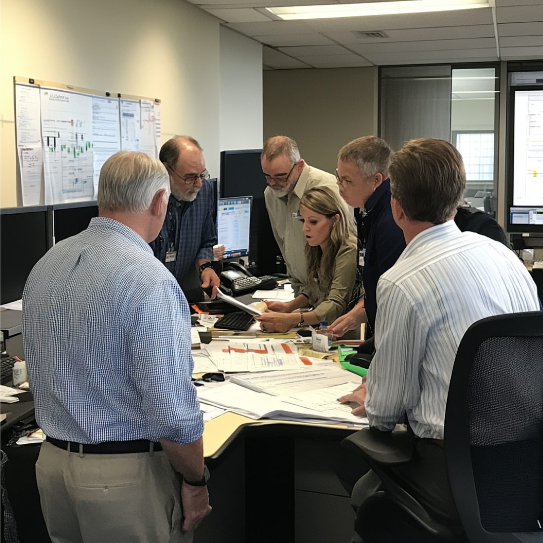 Consultants assessing risk at a whiteboard